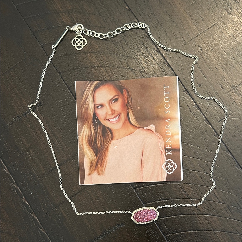 Kendra Scott Silver Necklace with Dark Pink/Maroonish Glitter Drusy Pendant